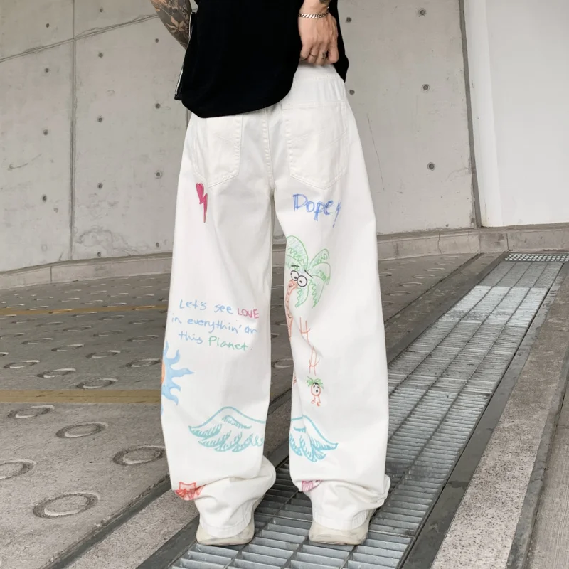 

14008 Модные джинсы с принтом High Street, мужские свободные широкие брюки в стиле хип-хоп, кожаные автомобильные брюки