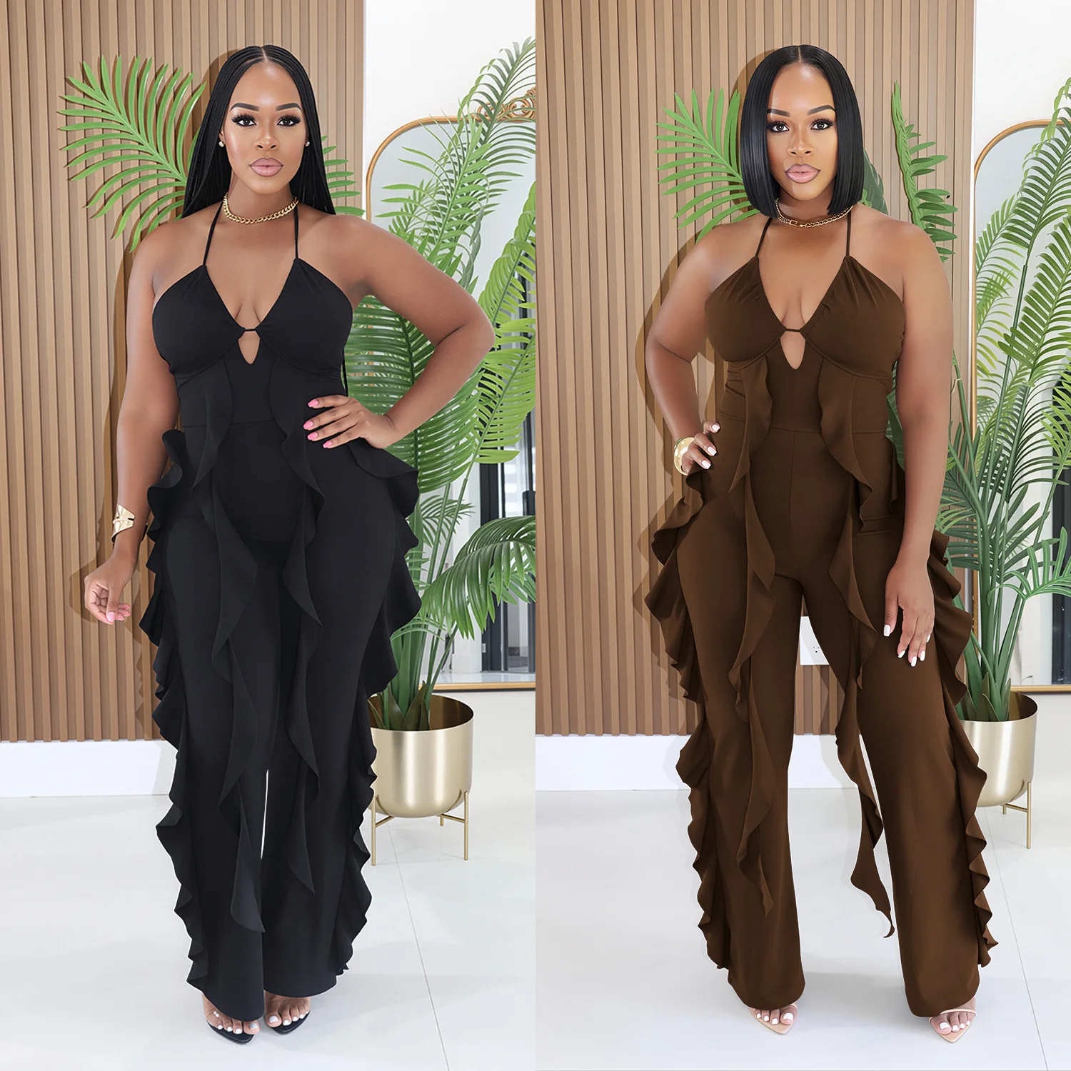 C78362026 New Women's Elegant Halter-neck V-neck Ruffled High-waisted Slimming Wide-leg Party Jumpsuit Sexy Prom