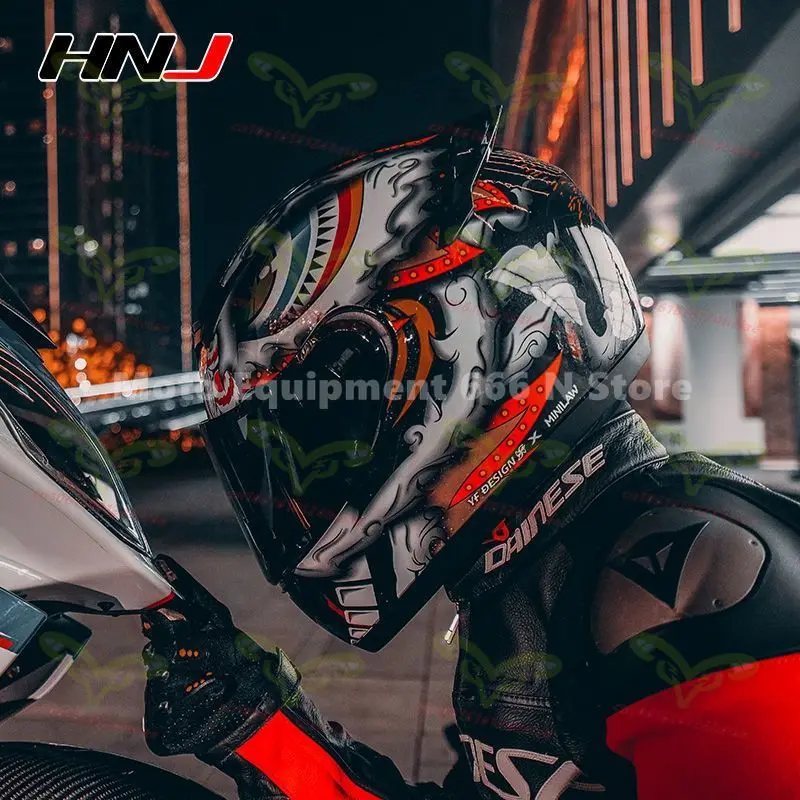 HNJ Men Motorcycle Helmet Women Full Face Helmet Riding Personality Horn Pink Helmet DOT Certification casco moto