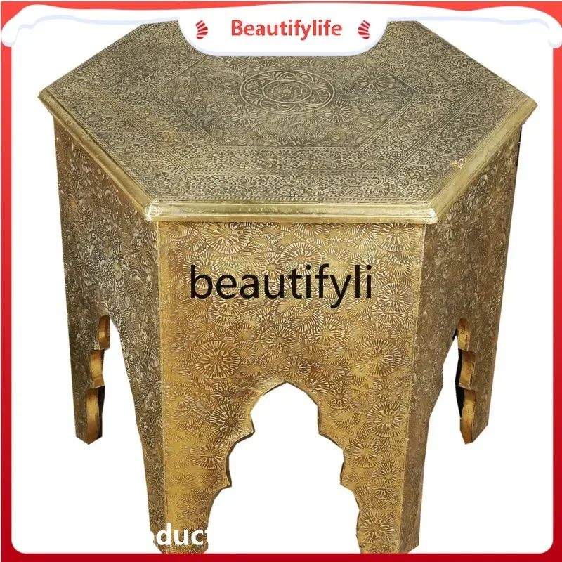 Vintage  Indian furniture South East Asia classical copper-clad luxury square table gold low table edge few solid wood tea table