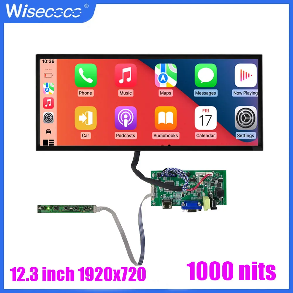 

12.3" 1920x720 Automotive Display Car Dashboard IPS Stretched Bar Screen VGA LVDS Controller Board Sunlight Readable LCD