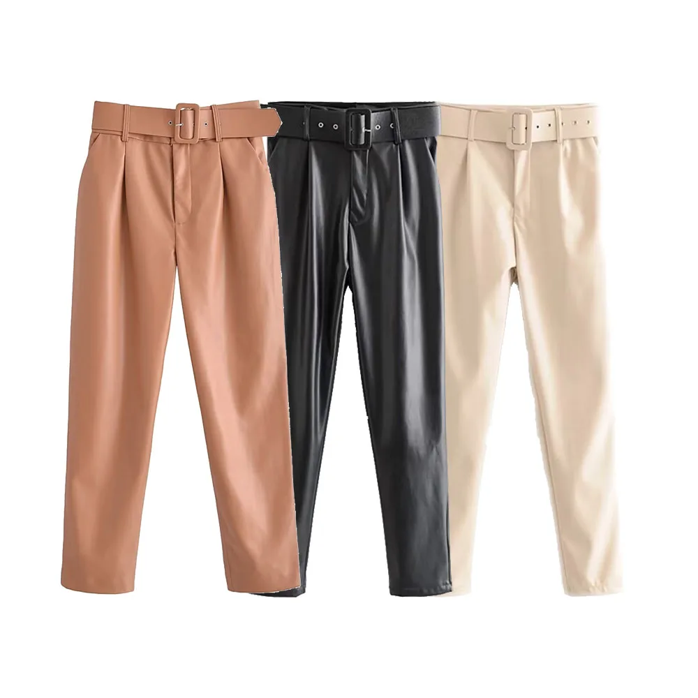 2024 Spring New Women\'s Fashion and Casual High Waist Solid Color Matching Belt, Long Pants, Leather Pants