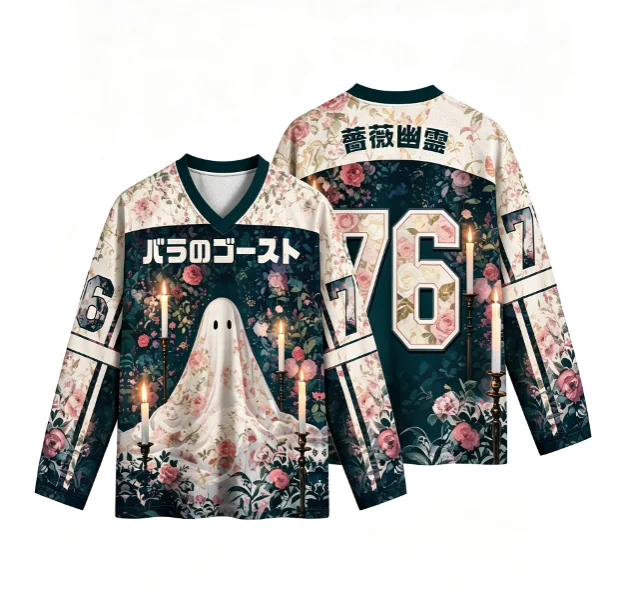 Unisex Rose Ghost Japanese Print  V Neck Short Sleeve Mesh Shirt Vintage Floral Candle Aesthetic Streetwear Tops Men Women