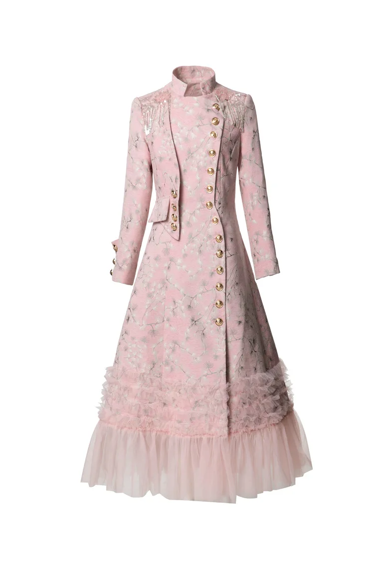 

Europe and the United States women's 2024 winter new Long sleeve stand collar pink printed nail bead stitching mesh Trench coat