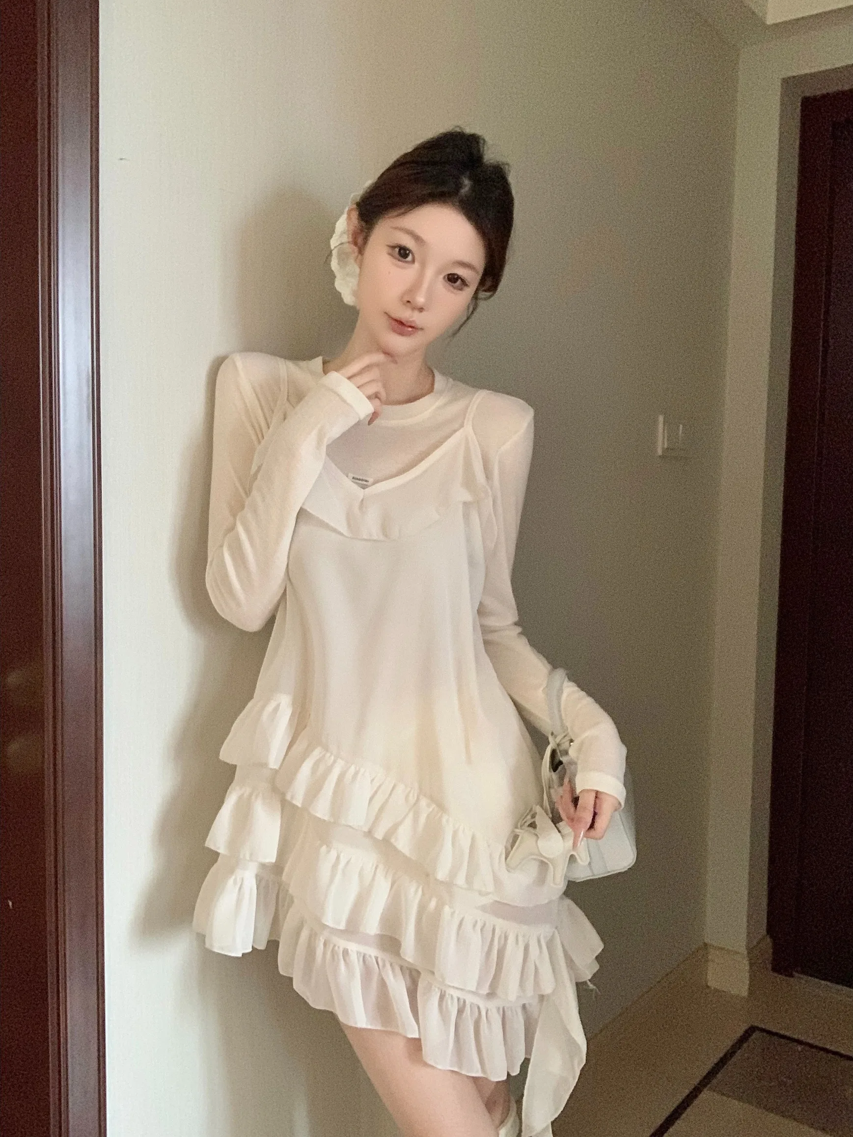 

Korean Design Fashion Set Women's Spring 2026 New Irregular Strap Dress Layered Base Shirt Two-Piece Set round Neck Long Sleeve