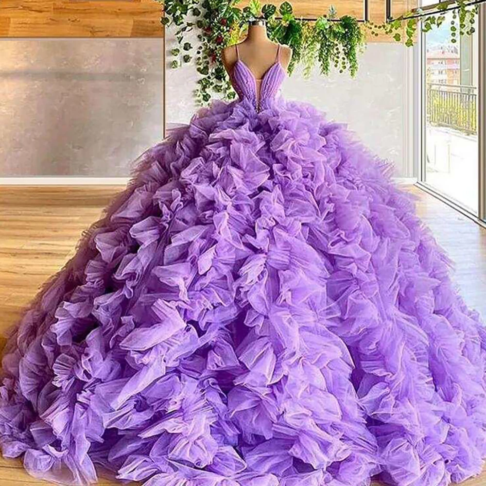 

Formal Purple Organza Evening Dresses Sleeveless V-Neck Chapel Train Ball Gown Pretty Women Puff Long Dress Vestidos 2024