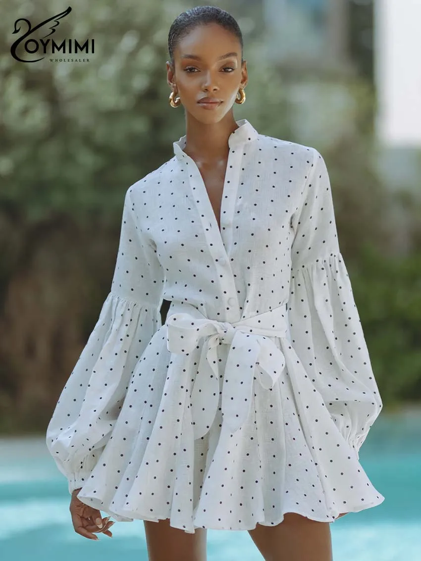 Oymimi Women's White Polka Dot Mini Dress 2026 Spring Bell Sleeve Tie Waist Button Front Casual Vacation Fashion Trendy Wear