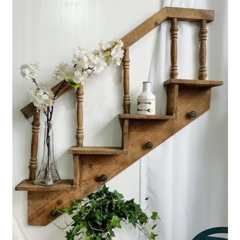 American country style designer homestay courtyard decoration retro creative staircase wall hanging flower rack shelves