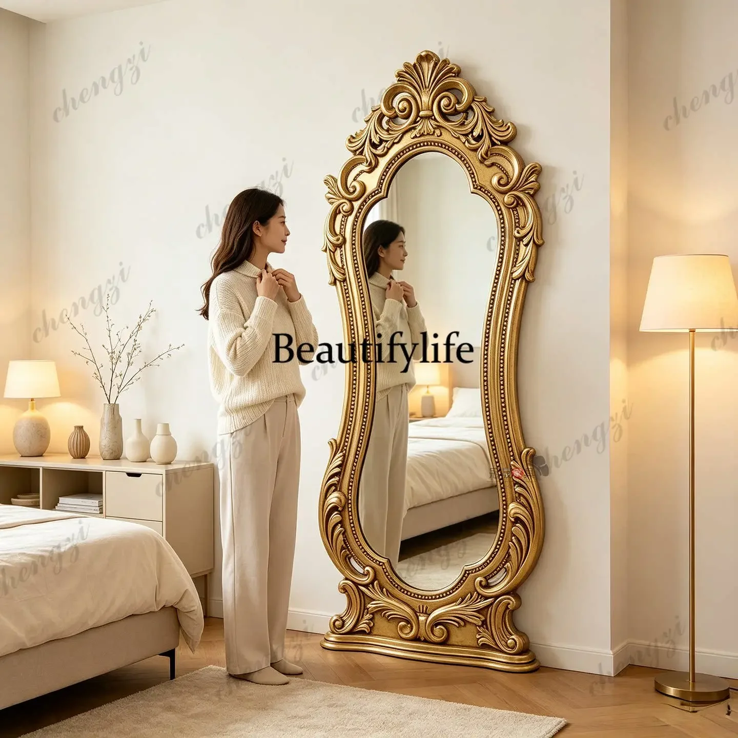 z183 European retro carved full-length mirror French living room special-shaped floor-to-ceiling full-length mirror bedroom cloa