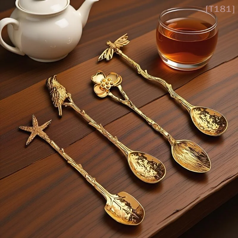 [E] Retro Metal Coffee Spoon Dragonfly Branches Leaves Shape Ice Cream Cake Dessert Milk Mixing Spoon Kitchen Gadgets Tableware
