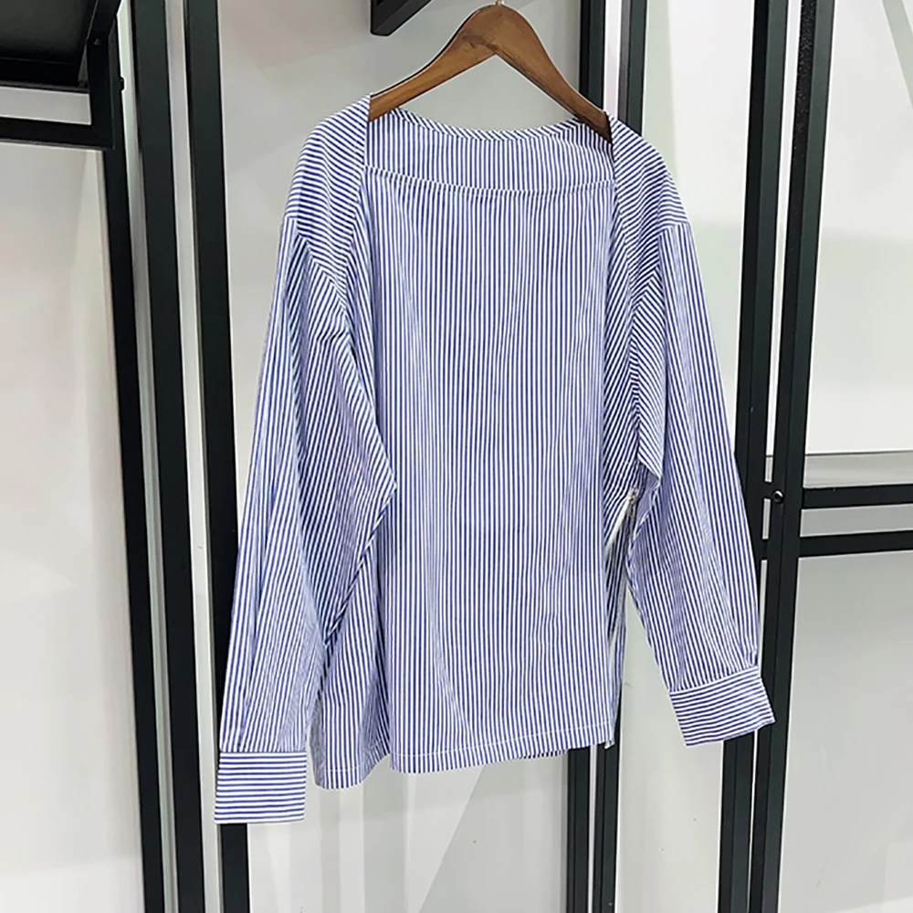 100% Cotton Fine-Striped T-Shirt for Women Off-the-Shoulder Side-Slit Long-Sleeved Loose-Fit T-Shirt Top Spring 2026 New Y2k