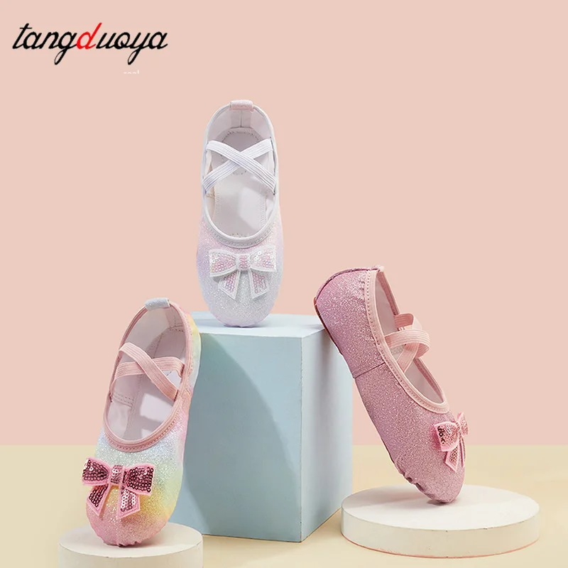 Girls Ballet Shoes Kids Bow Ballet Slippers Soft Soled Dance Shoes Iridescent Sequins Ballet Shoes Toddler Ballet Flats Shoes