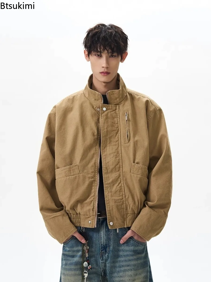 

Мужские куртки-пилоты из американской стираной парусины в стиле ретро, весенне-осенние свободные повседневные пальто-карго с воротником-стойкой, универсальные куртки для пар