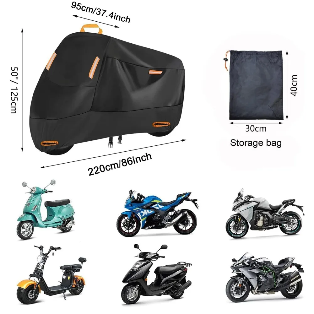 Housse de moto imperméable 220x95x125cm, bâche de scooter en Oxford 300D avec 4 bandes réfléchissantes, 2 trous de verrouillage et 2 boucles, housse de pluie pour cyclomoteur d'extérieur – Idéale pour les scooters stationnés en ville, les locataires d'appartements et la protection des trajets en toutes saisons