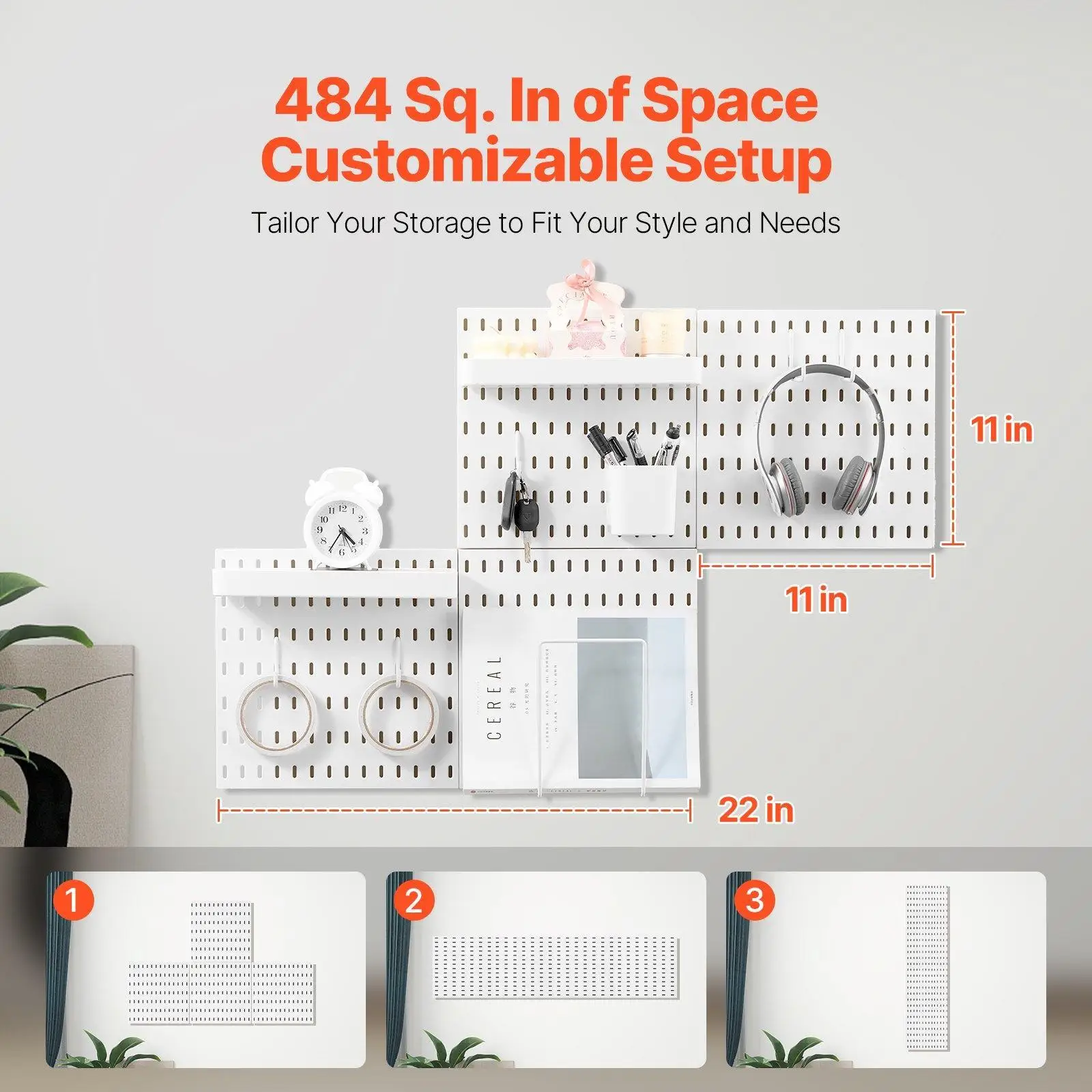 Modular Plastic Pegboard Wall Organizer Combination Kit 11x11 Inch 4 Panels DIY Hole Board Storage Display System for Craft Room Garage Kitchen Tool Organization Home Office Accessories White view 4