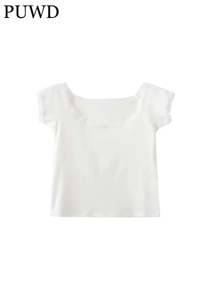 PUWD Cute Girls Soft Cotton Slim White Tshirt 2022 Summer Fashion Ladies Solid Color Short Sleeve Crop Tops Lace Women Chic Top