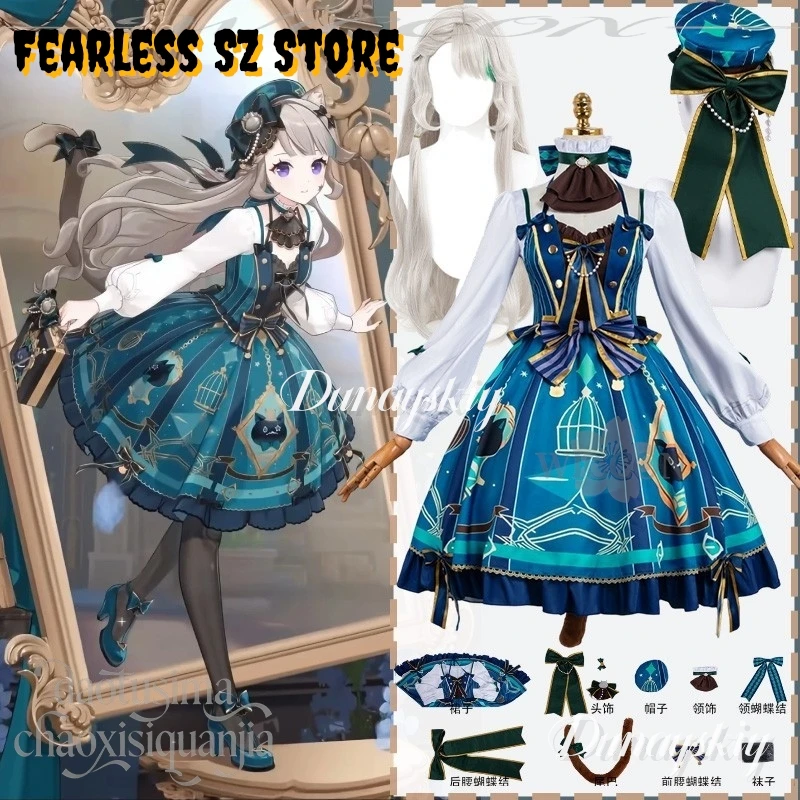 

Anime Game Genshin Impact Cosplay Lynette Seoul Coffee Crossover New תחפושות Kawaii Blue Green Classical Lolita Hat Christmas