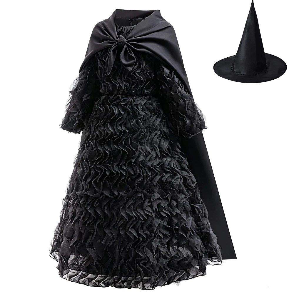 Schwarzes Hexenkostüm für Mädchen, gerüschtes Tüllkleid mit Umhang, langärmeliges gotisches Abendkleid für Kinder, Halloween, Karneval, Geburtstagsfeier – Detail 11