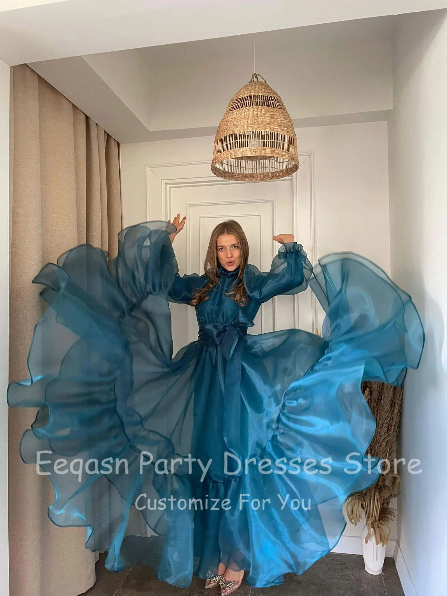 A Line Teal Blue High Neck Organza Prom Dresses Lining Long Sleeves Women Evening Gowns High Neck Customized Formal Party Dress