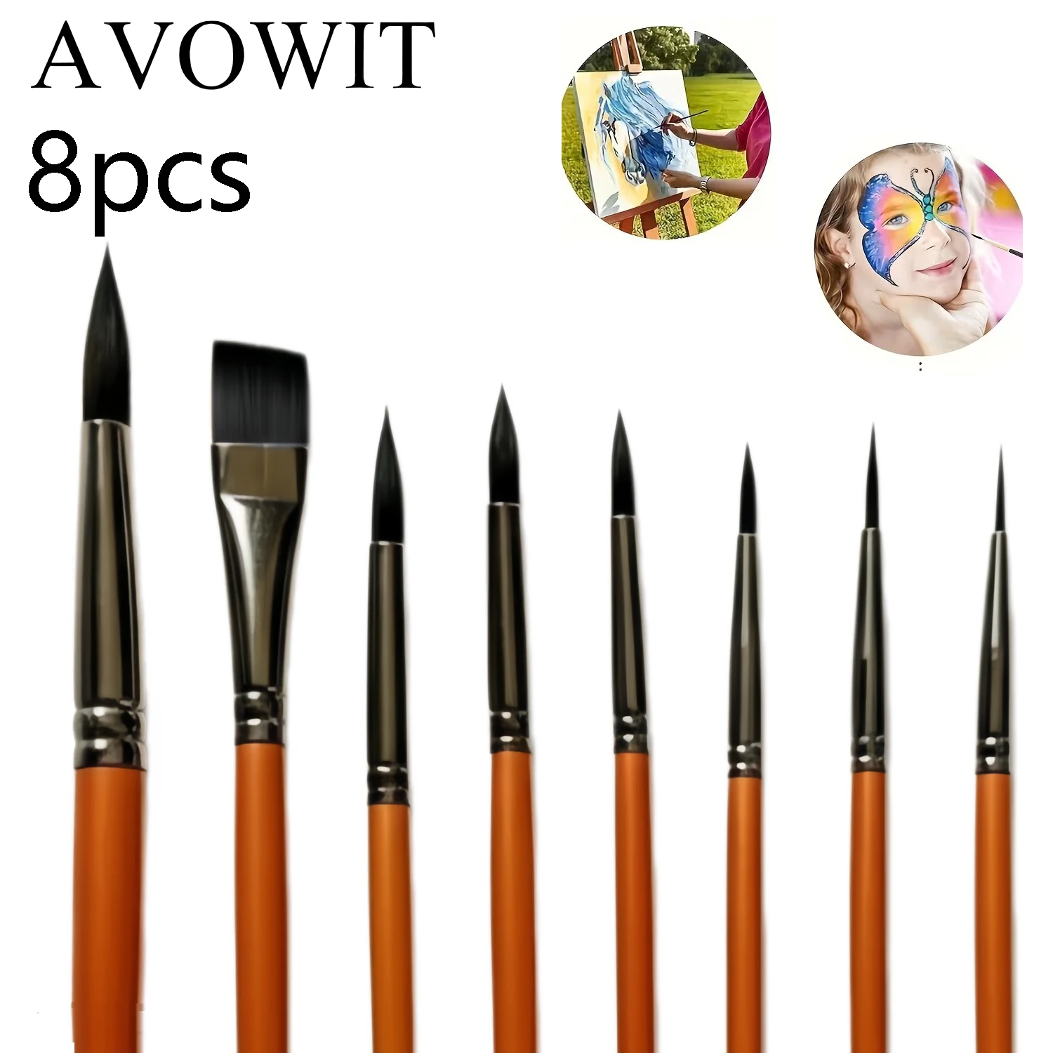 AVOWIT 8Pcs Art Paint Brushes - Versatile Round & Flat Nylon Brushes for Acrylic, Watercolor, Oil, Face Painting, Canvas, and DI