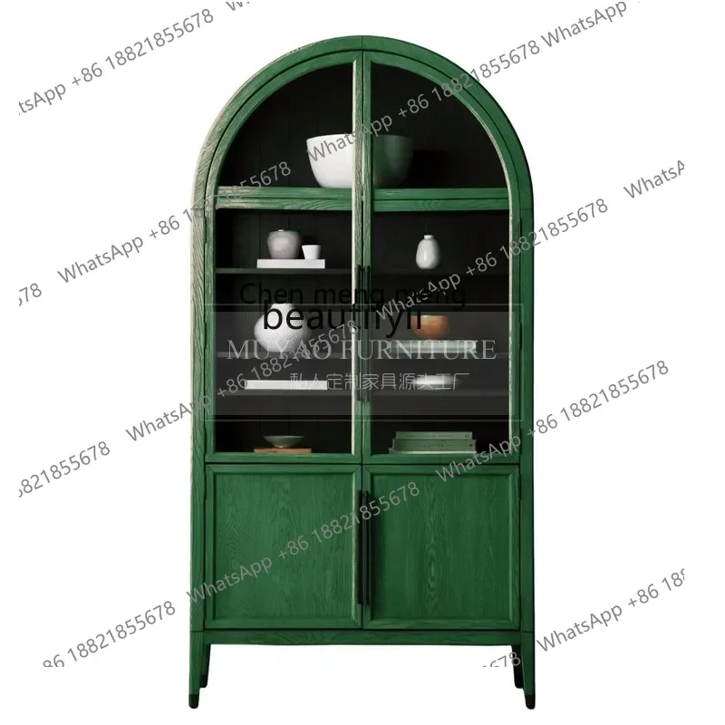

xx1French Arched American Retro Glass Door Wine Cabinet Storage Edge Black Decorative Cabinet