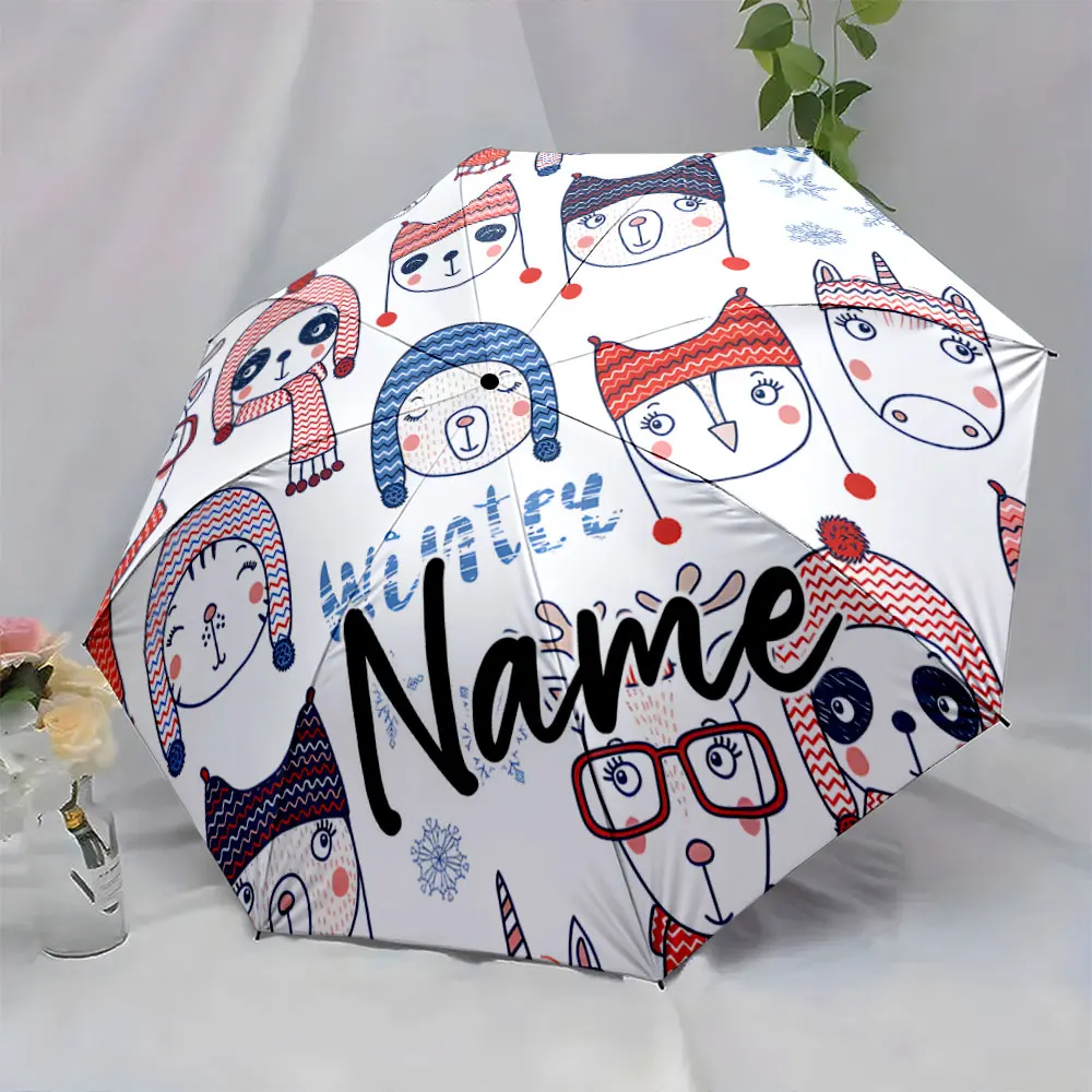 Custom Name Umbrella Winter Fun Characters Umbrella Design Print 8 Iron Ribs Folding Umbrella Auto-Open Fashion Sunshade