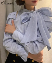 Japanese Sweet Lace-Up Big Bow Bubble Sleeve Long Sleeve Women's Shirt New 2025 Autumn Fashion OL Loose Blouse Elegant Top