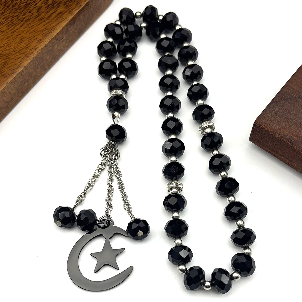 

Muslim Islam Crescent Moon Star Stainless Steel Chain Car Pendant for Women Men Silver Color Glass Prayer Beads Jewelry Gift