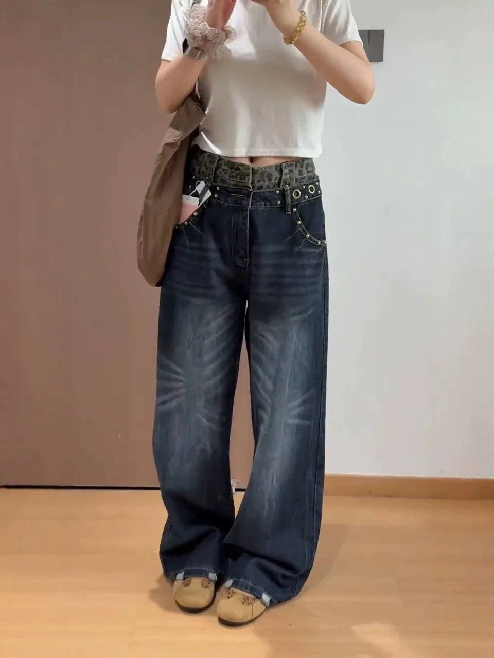 plus Size American High Street Spot Pattern Splicing Double Waist Jeans Women's Wide Leg Straight Casual Long Trousers