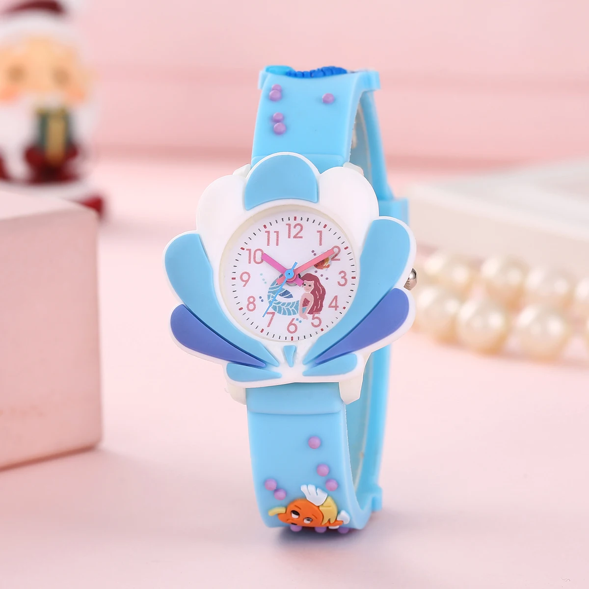 Kids Mermaid Learning Watch Glowing 3D Shell Design Hypoallergenic PVC Strap Girls' First Time Teaching Watch