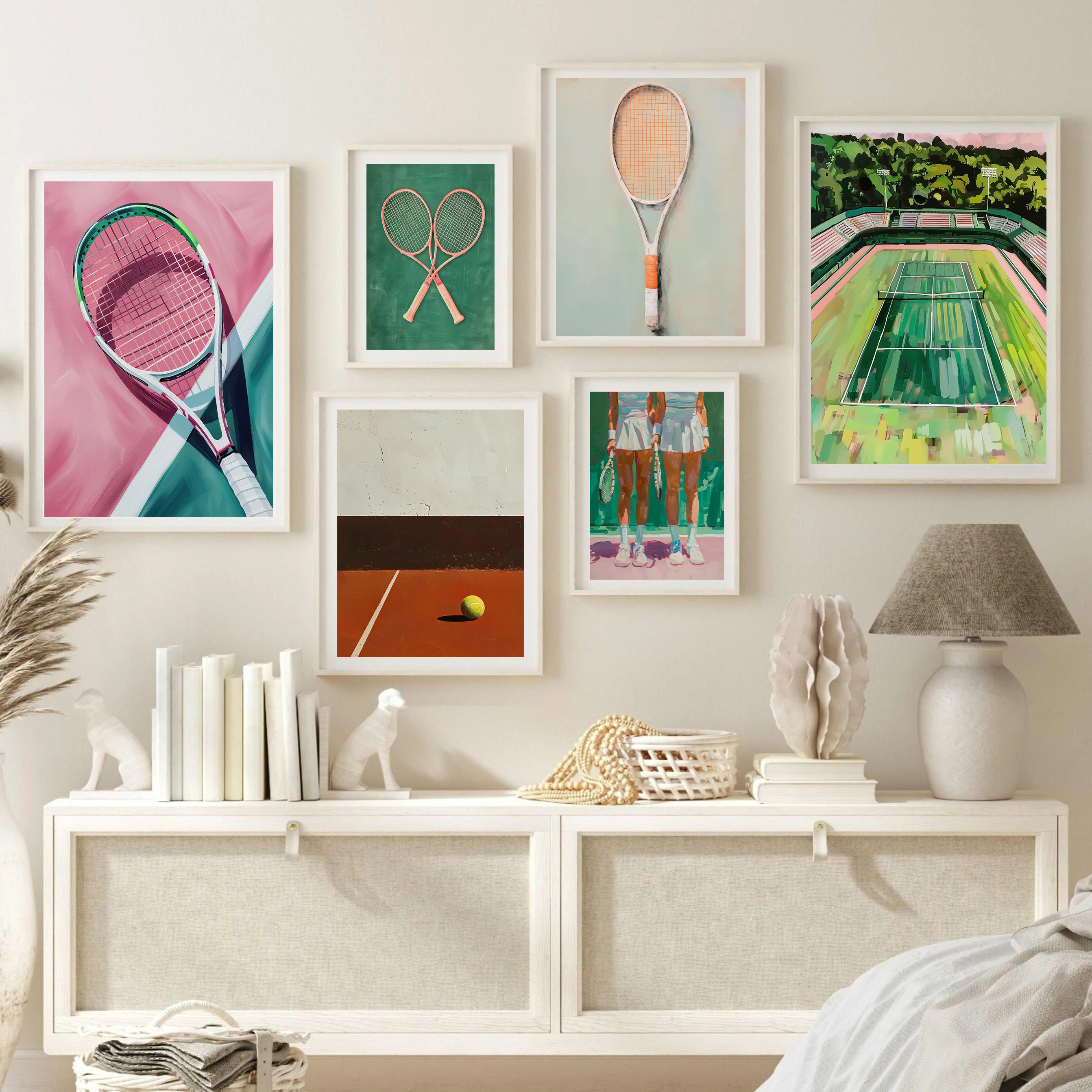 Arte de pared minimalista de tenis, impresión abstracta en lienzo de cancha y raqueta, póster deportivo moderno, regalo para