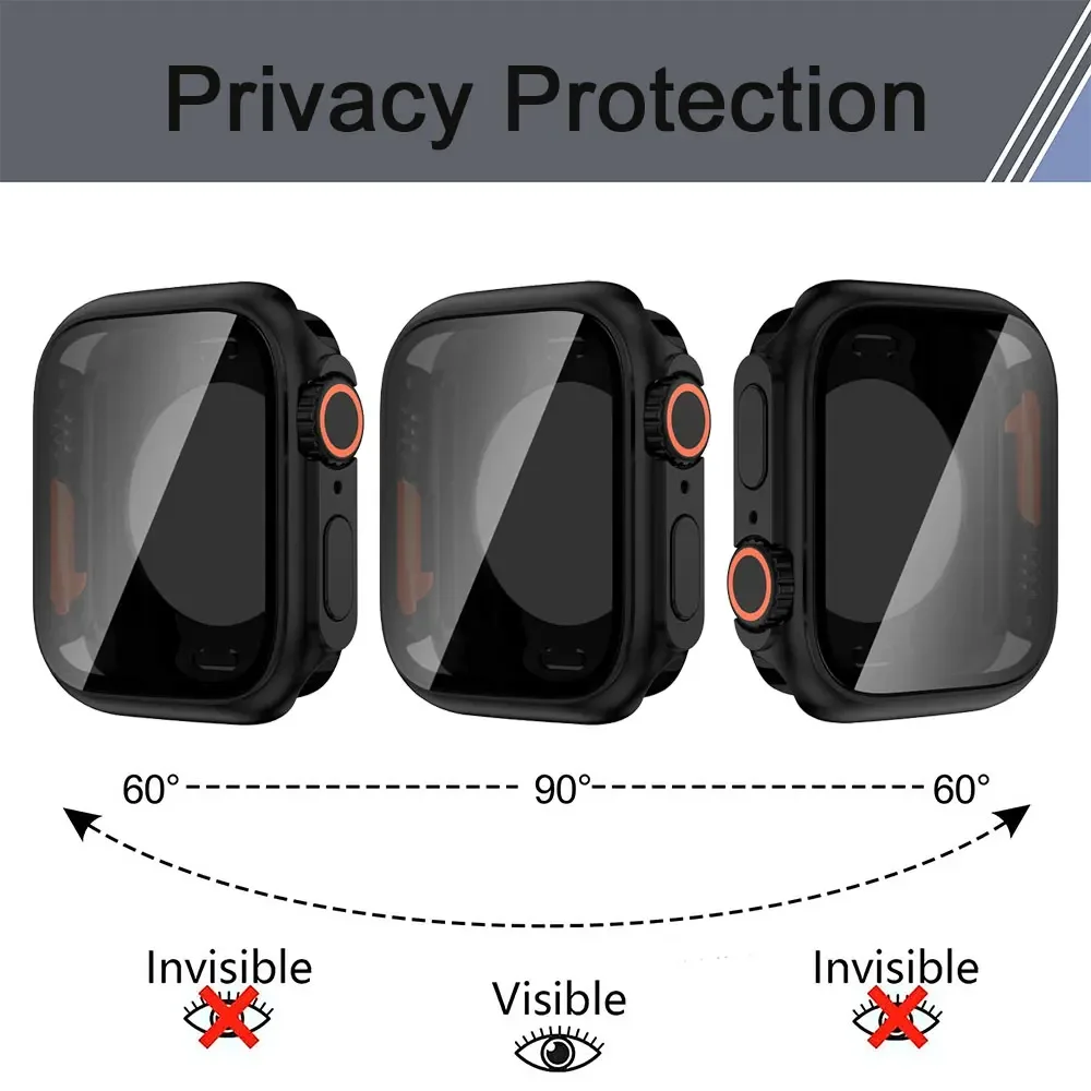 Capa protetora de tela para Apple Watch Series 9 8 7 6 5SE, caixa de vidro temperado de privacidade, 40mm, 41mm, 44mm, 45mm, mudar para ultra