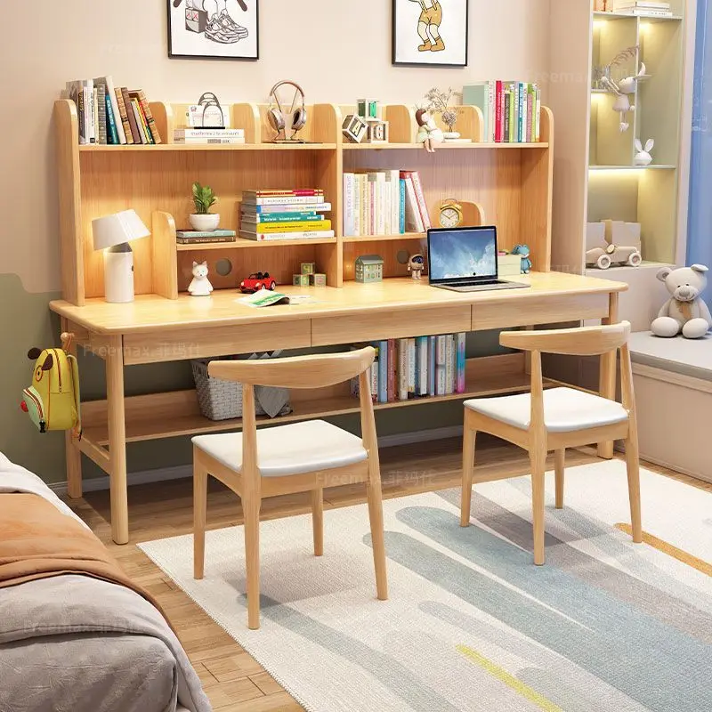 Wooden double desk bookshelf integrated study table multi-person combination writing table household computer table