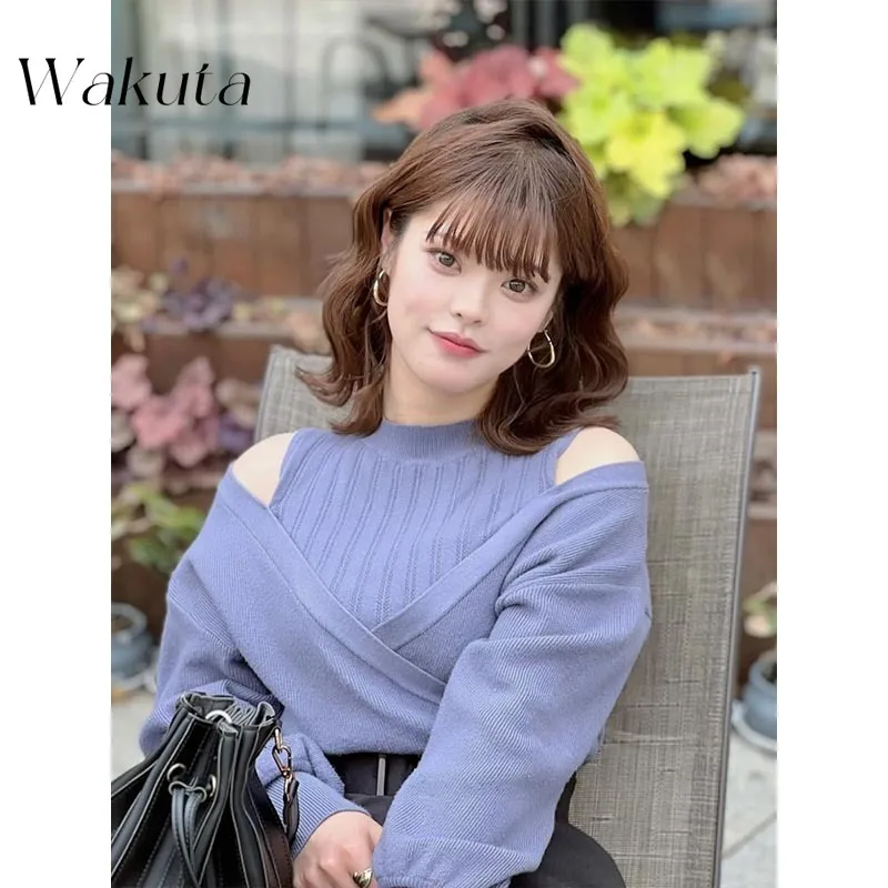 

WAKUTA винтажные вязаные свитера с высоким воротником и шнурком, милые свободные женские топы без бретелек на плечах, осень-зима, новые пуловеры