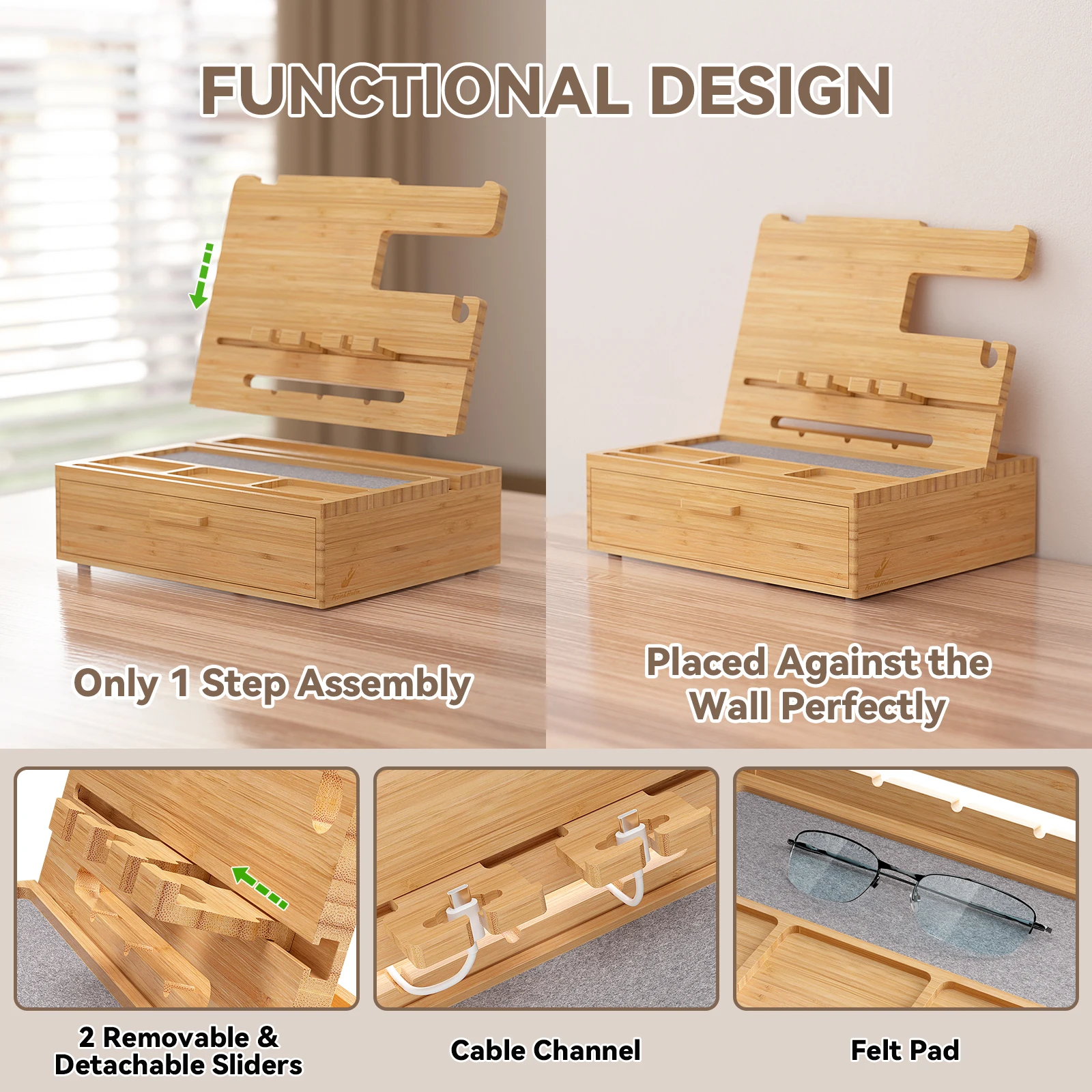 Bamboo Phone Docking Station with Drawer Nightstand Charging Organizer for Men and Women Bedside Holder Stand for Watches