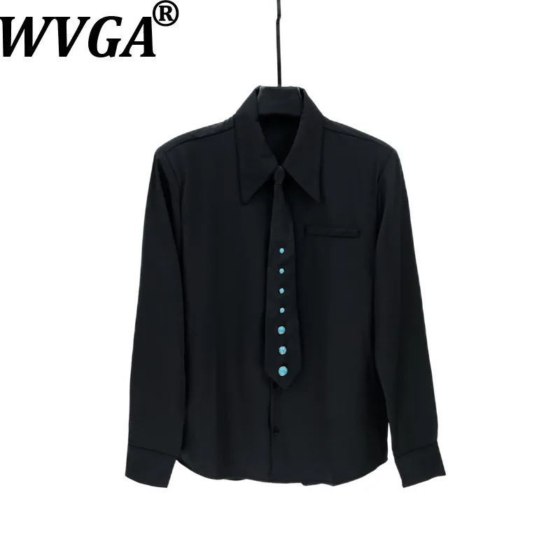 WVGA Spring Autumn New Man Tide Solid Color Tie Trendy Long Sleeve Base Shirts Niche Chic Casual Padded Shoulder Tops Ins W13855