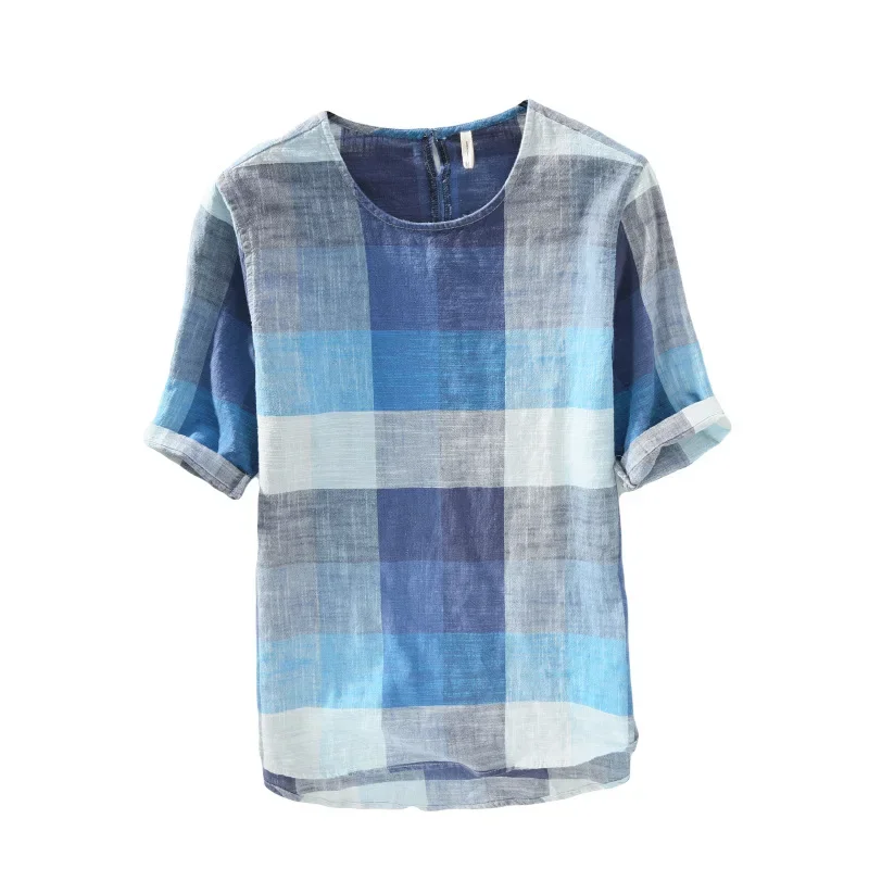 

New men's artistic cotton linen plaid short sleeved loose casual square casual loose solid color versatile large T-shirt