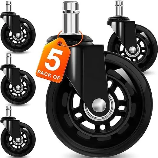 

5 Pcs 3-inch Pu Silent Caster Wheels - Black & Clear Stem 11x22mm, Polyurethane Swivel Casters For Trolleys/carts