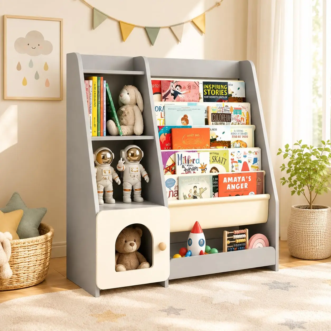 5-Tier Kids Sling Bookshelf with Wooden Shelves & Cabinet Door for Nursery Classroom Montessori, Customized