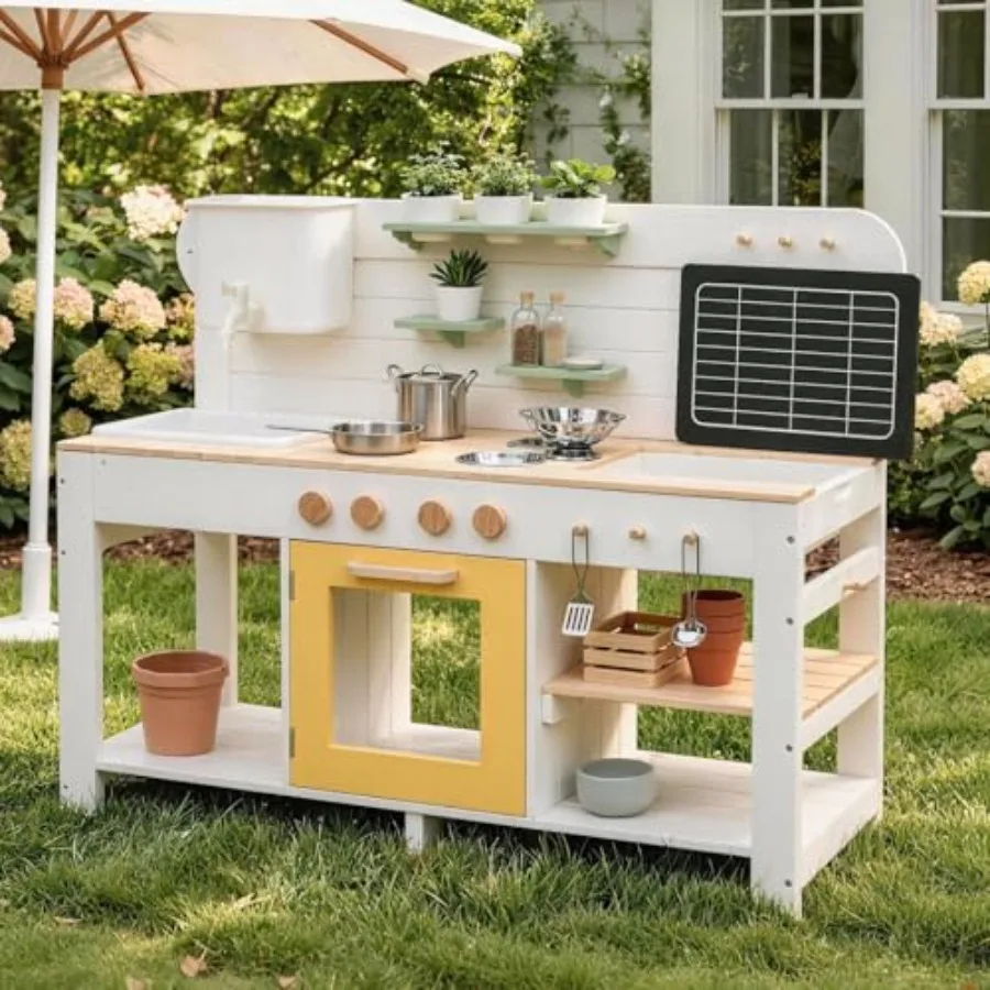 

Outdoor mud kitchen for kids, wooden play set with 4.8L water tank sink, sand and water features, blackboard, and accessorieswh