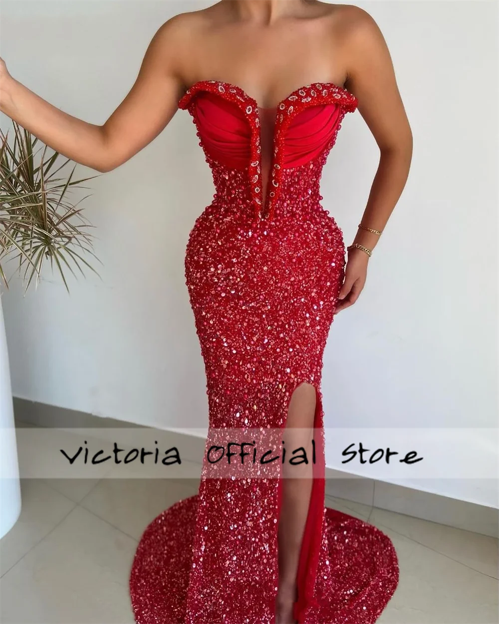 Fantastic Red Strapless Evening Dresses Beads Crystals Dubai New Year Party Gowns Mermaid Woman Formal Occasion Dress Customized