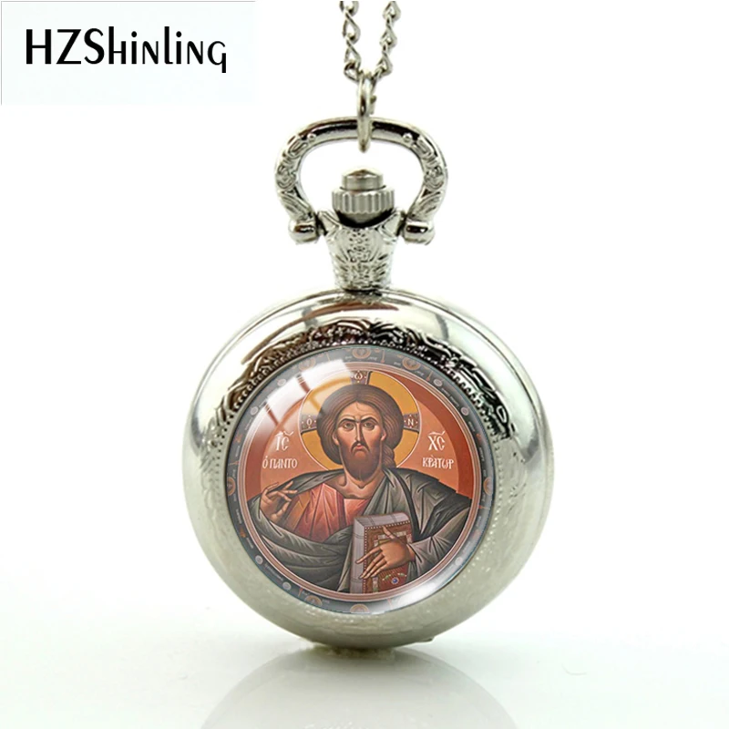 2022 New Arrival Vintage Bronze Color Pocket Watch Christianity Jesus Round Glass Cabochon Handcraft Necklace for Women Men