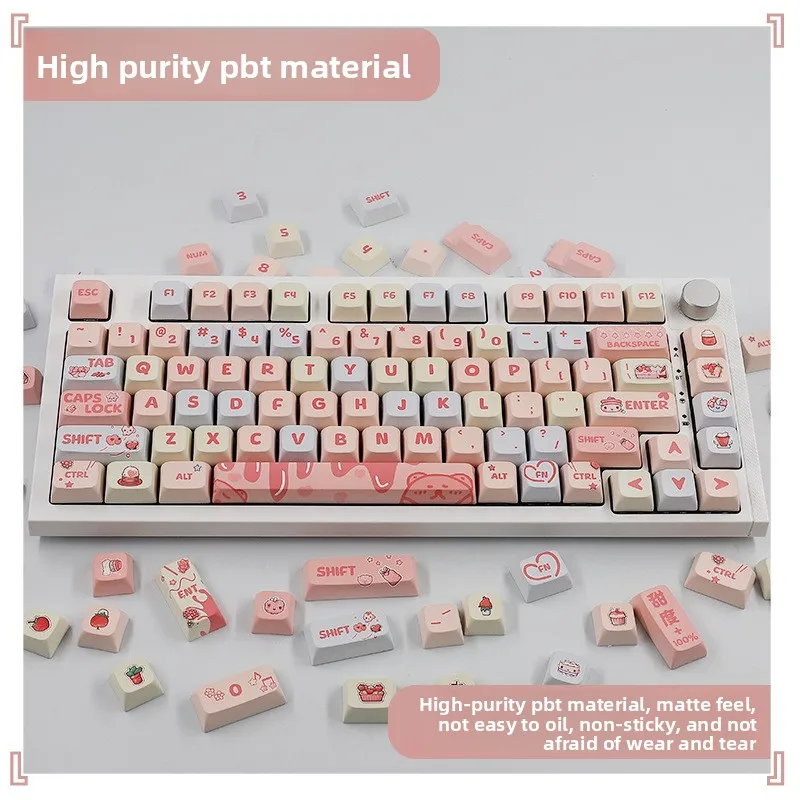 Highly creamy strawberry themed small full set keycaps with 133 keys and creamy straw keycaps
