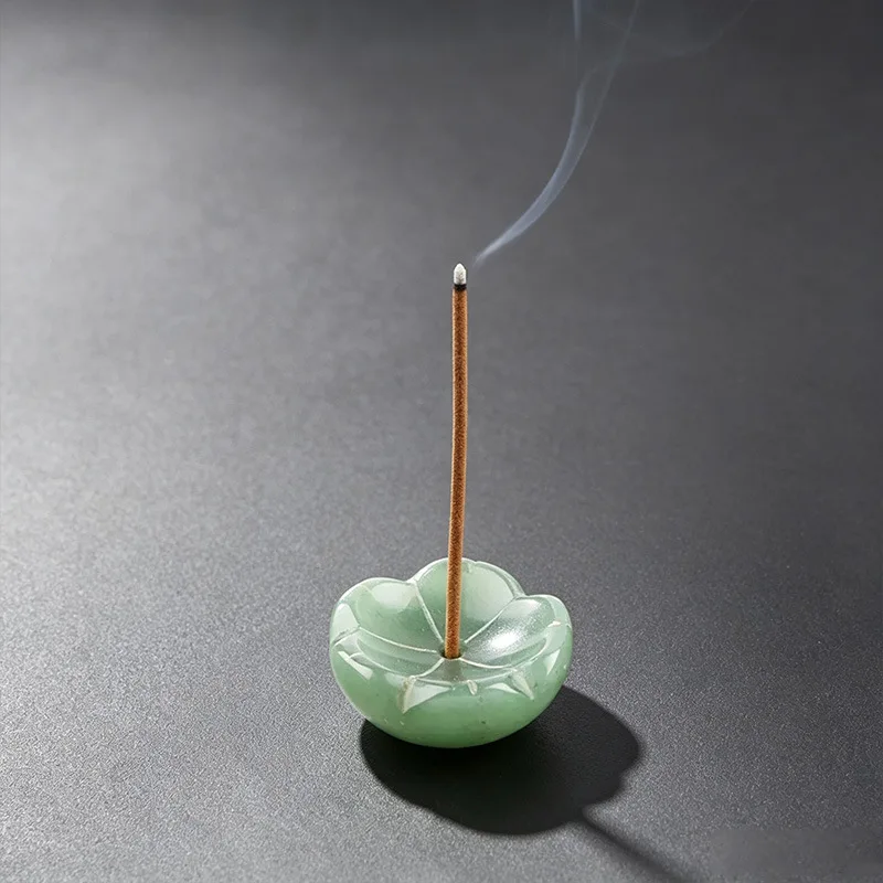 Green aventurine Carved Lotus Stone bead Stick Incense Base Stand Holder Aroma Ornament Home Table Meditation Desktop Decoration