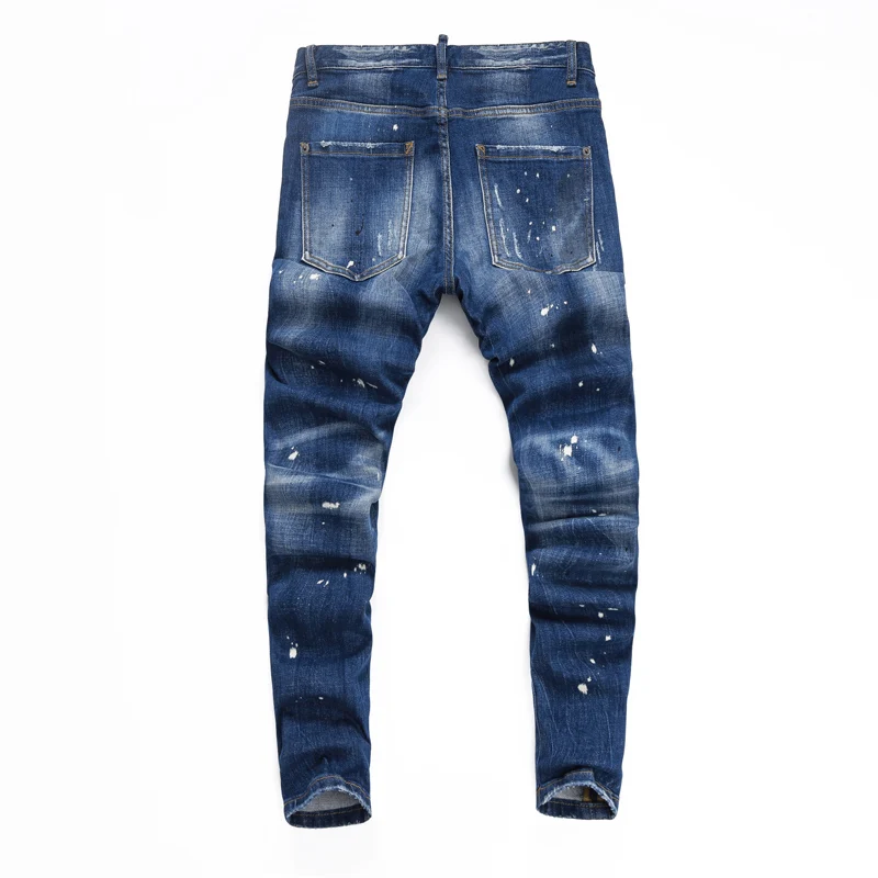 Designer Y2KFashion New Men's Retro Blue Jeans Painted Washed Nostalgic Perforated Patch Elastic Slimming Jeans Hip Hop Brand H
