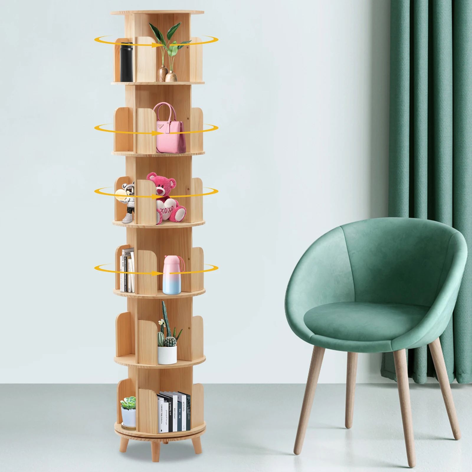 CNCEST 6 Tiers Rotating Bookshelf Pine Wood Floor Standing Bookcase Storage Rack Multi-Functional Bookshelf Organizer