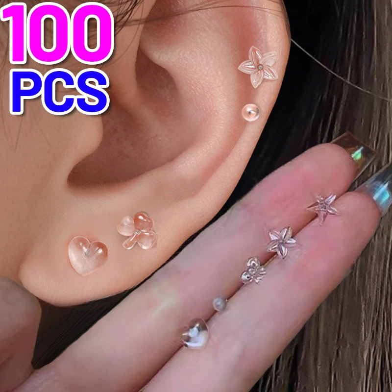 2/100Pcs Mini Ear Studs Transparent Invisible Earrings Girls Anti Allergy Cute Women Student Star Heart Shape Piercing Ear Studs