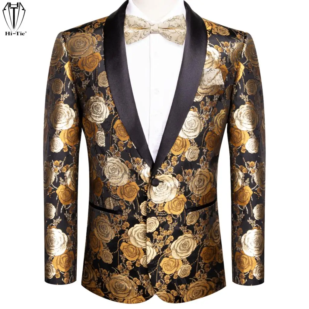 Hi-Tie Jacquard Floral Mens Suits Bowtie Set Slim Fit Party Wedding Tuxedo Suit Blazers Jacket For Men Stage Costume Singer Host