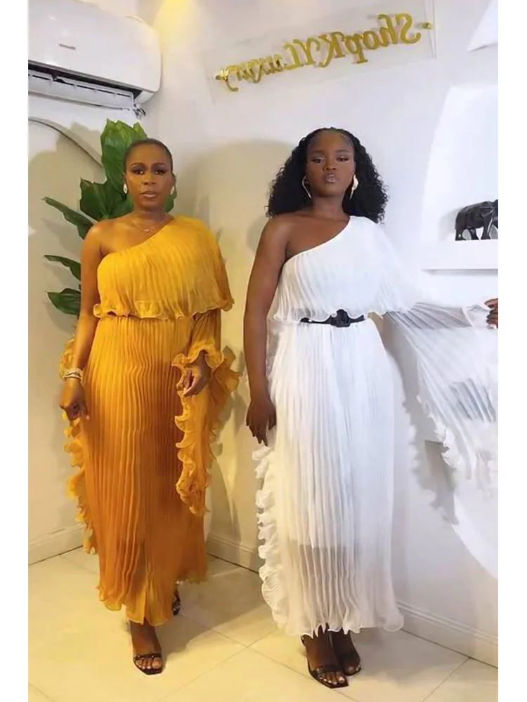 ANLAN مطوي طيات فستان سهرة الراقية مائل الكتف مأدبة حفلة المرأة فساتين طويلة تكدرت الألواح ‌   تصميم مقسم