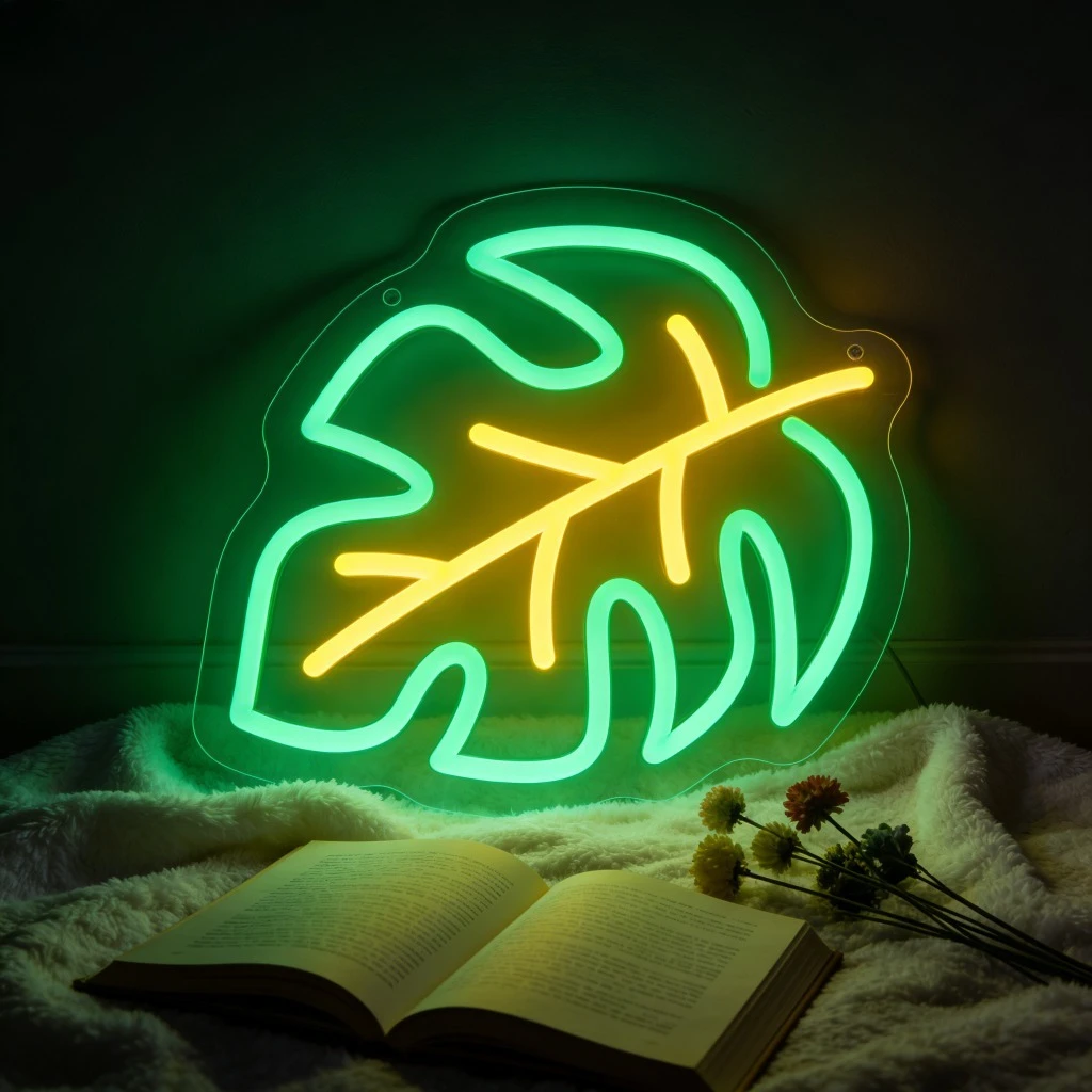 

Monstera Leaf LED Neon Sign Green Yellow Glow for Home Decor Bedroom Cafe Romantic Nature Inspired Creative Lighting Unique Gift